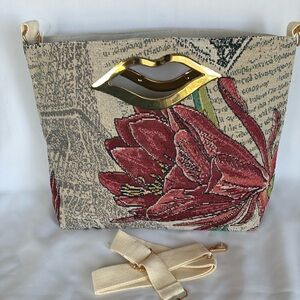 Beige Eiffel Tower with a burgundy flower cross bag, (15.35”X3.9”X11.4”)